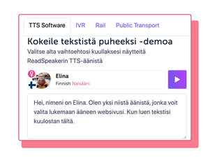 ReadSpeaker demotyökalun kuva, jossa on suomalainen nais-avatar, äänen nimi on Elina.